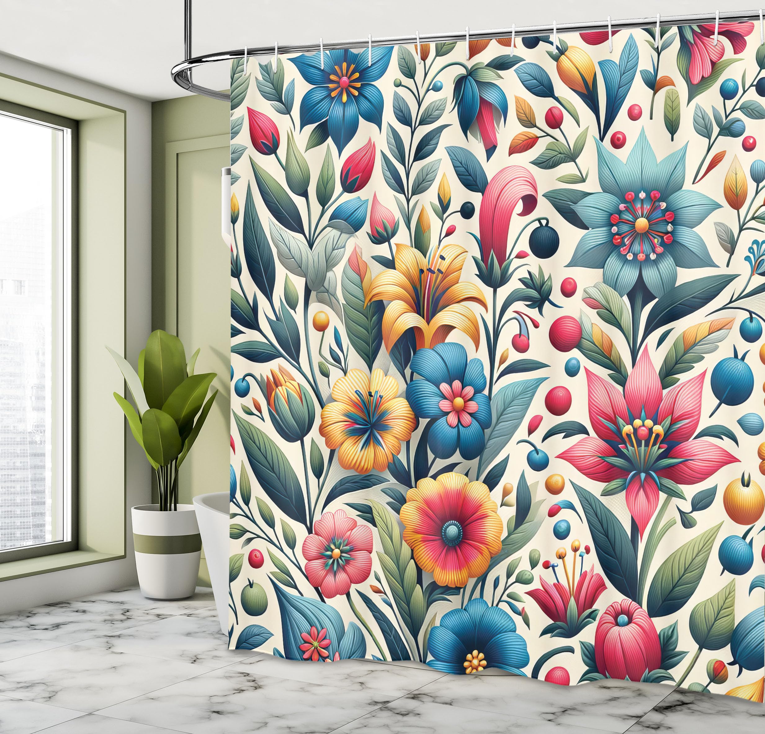 Ambesonne Colorful Shower Curtain, Modern Scandi Vibe Flowering Botany Pattern With Leaves On Creamy Back, Cloth Fabric Bathroom